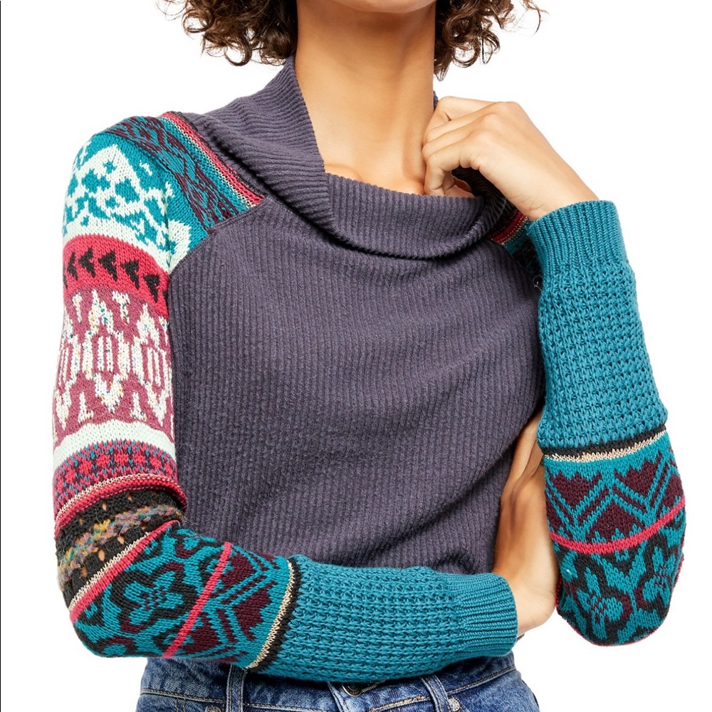 Free People Cowl Neck thermal W/Knit Sleeves NWT